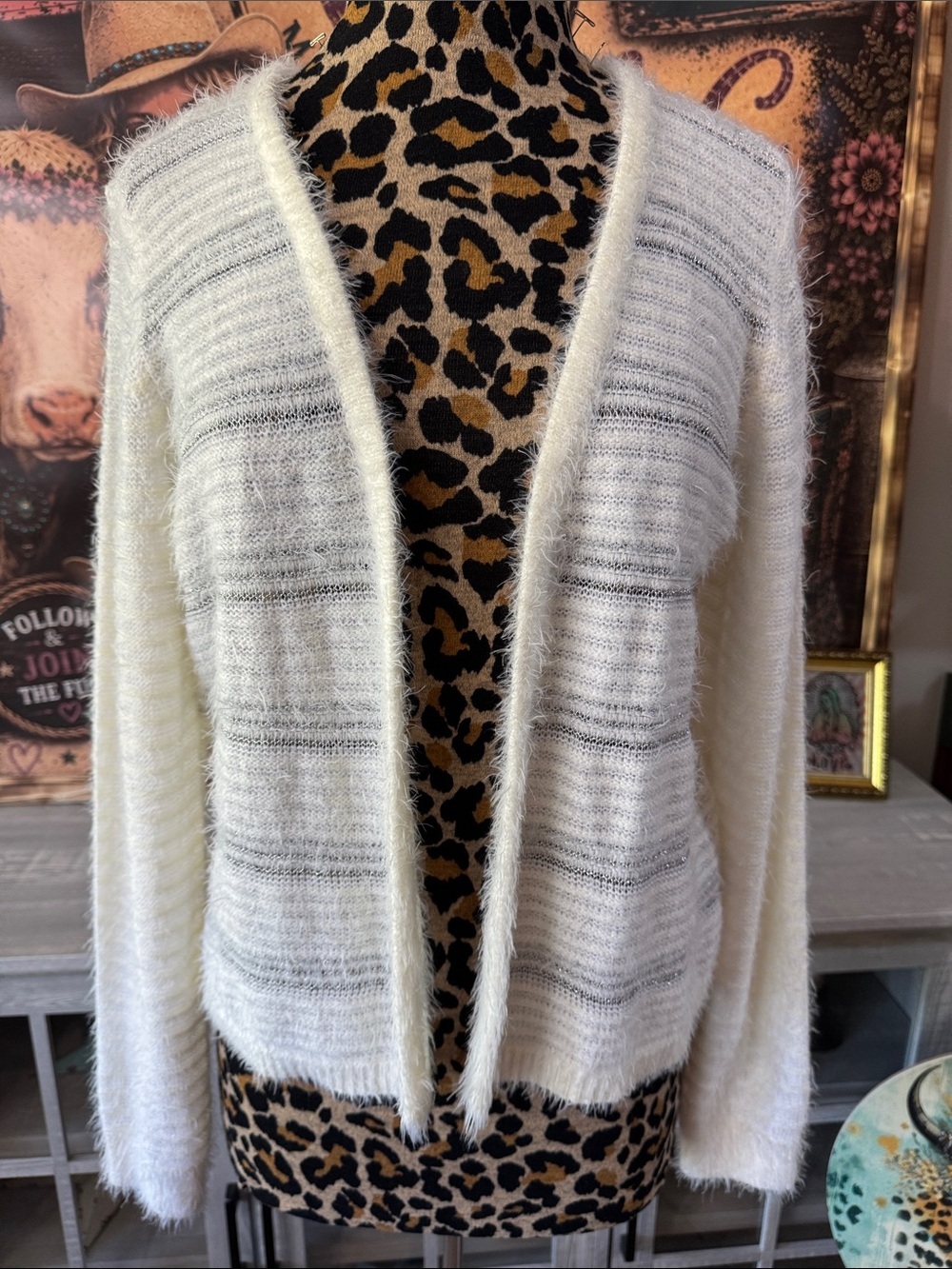 I.N. Studio Cream Fuzzy Open-Front Women's Sweater Cardigan  Sz XL